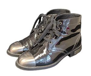 Chanel Black Patent Leather Steel Toe Ankle Boots Size 7.5