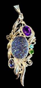 Sterling Silver Druzy Gemstone Pendant With Multi-Stone Accents