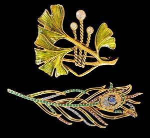 Joan Rivers Ginkgo & Metropolitan Museum of Art Peacock Feather Brooches (Lot of 2)