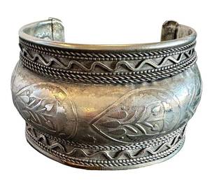 Vintage Large Tribal Design Cuff Bracelet - Silver Over Copper
