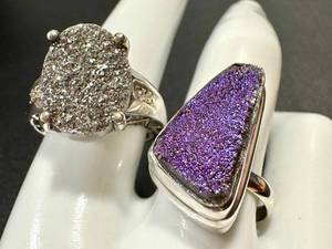 Sterling Silver Druzy Ring Duo Size 8 & 8.75 (Lot of 2)