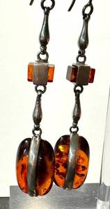 Vintage Sterling Silver Amber Dangle Earrings 2.5 Inch