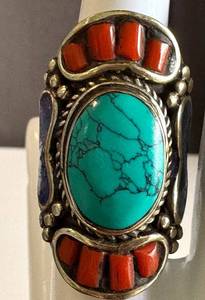 Bohemian Tibetan Sterling Ring Turquoise Coral Lapis Size 7