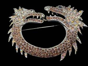 Chinese Dragon Brooch Pin Dual-Head Rhinestone