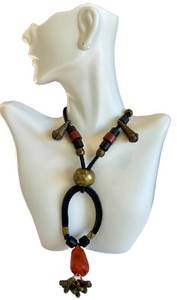 Vintage Tribal-Style Statement Necklace Brass Pendant Black Cord