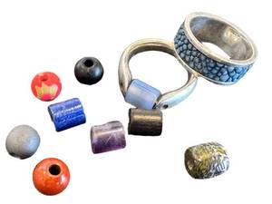 Vintage Sterling Tipit Ring & Sterling Bead Ring With Assorted Beads