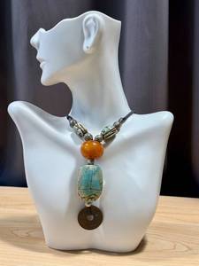 Vintage Scarab Beaded Necklace With Coin Pendant