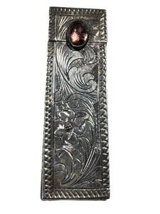 Vintage Sterling Silver Lipstick Holder Cabochon Floral Engraved