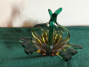 Green and amber ombre Murano style glass candy or nut dish