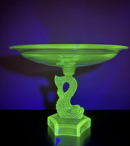 Vintage Green Uranium Glass 8 Tall DolphinKoi Stem Compote Abstract Art