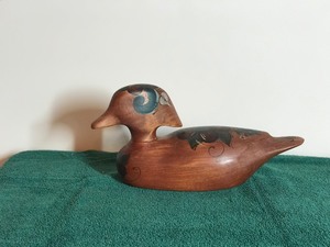 Signed Carved Wood Duck Decoy with Flower Design Painted on It By Groth