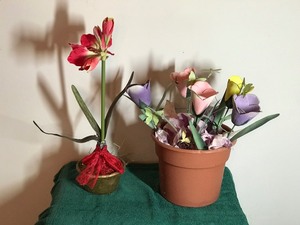 2 - Flower Pots with Artificial Flowers  - The bigger one with all the flowers the flowers and the butterflys and Bees are Metal