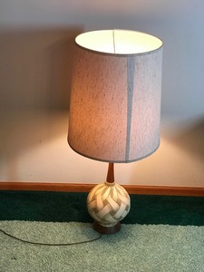 Lamp with Wood Base and Hard Plaster Ball with Weave Design  - smoke free