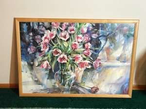 Large Signed Framed Picture with Flowers in case