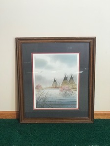 Framed, Signed and Numbered Print by Jerry Raedeke - Native American Teepees by Pond with Ducks Flying Over - Printers Proof 2nd Edition - 2630