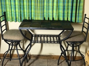 Metal Framed, Slate Top High Top Dining Table with 2 Swivel Chairs &nbsp- Also has storage grate below&nbsp