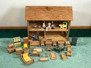 Large Wooden Doll House with Dolls and Furniture