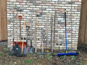 Large Lot of Garage and Yard Tools - Rakes - Sledge Hammer - Shovels - Brooms and More