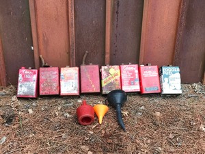 8 - Vintage One Gallon Fuel Cans with 3 Funnels