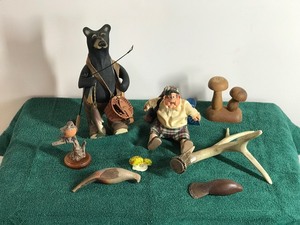 Lot of Figurines - Fishing Bear from the Hadley Collection - Wood Mushroom Salt & Pepper Shakers - Artificial Deer Horn - Robin - Golfer - Wood Birds and More