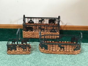 3 - Metal Framed Weaved Baskets with Bear - Moose and Canoes for Design