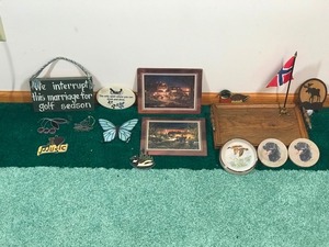 Terry Redlin Ceramic Pictures - Ashtray with Wood Ducks Painted inside - Black Lab Coasters - Golf Signs - Small Wooden Tray - Moose Night Light and More
