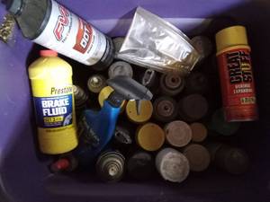  Totes and a box of lubricants fluid, paint and more