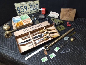 Czecklos Slovakian ashtrays, license plate, military toy metal cannon, Shefield carving set and more