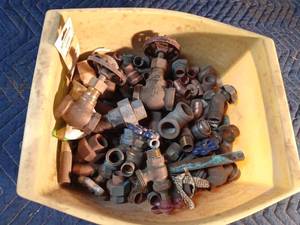 Dish pan of copper, brass, galvanized valves and pipe fittings