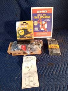 New laser level, right angle riveter kit, 25pc socket set, 166ft reel tape measure