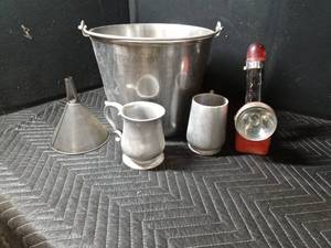 Stainless steel bucket, 2 pewter steins and metal funnel and more