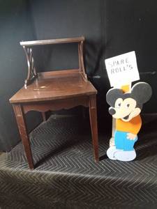 Vintage end table and Mickey Mouse Toilet paper holder
