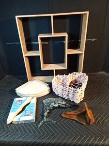 Wall shelves, basket, shells, 1960s-70s Abalone sail fish
