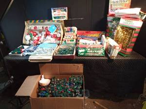 3 boxes of Christmas light bulbs, lights, garland and more