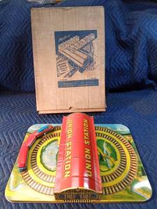 Vintage Automatic Toy Co. tin Mystery Union Station train set with original box