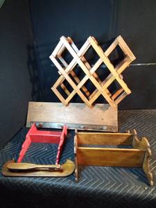 5 wooden wall shelves and wood wine rack