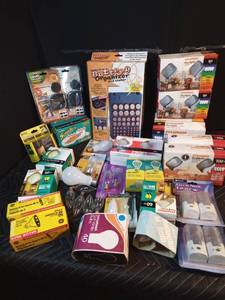 Light bulbs, rug clippers, Battery organizer, large box, chandelier bases and night lights