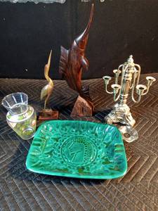 Ironwood fish, candle holder, vase, scented wax squares, ashtray, heron made from some type of animal horn or tusk