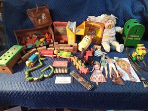 Lot of vintage toys Cabbage Patch doll, wood train& town, wood pull toy, wood mail box, wood tractor, wood blocks, wood snake and more