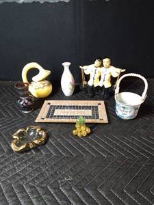 8 Pottery and glass pieces Clover leaf, purple vase, crackle grapes, vintage 1950s Asian couple figurine carrying water buckets and more