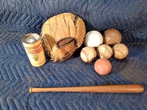 Vintage catchers mitt, baseball bat, baseballs and can of plastic badminton shuttlecocks and more