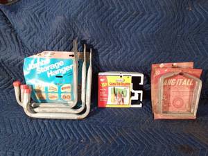 Jumbo storage hangers, utility brackets and garden tool organizer.
