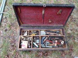 Metal chest with vintage tools