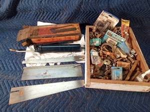 Plews lever action grease gun, 3 saw blades and wood flat of hardware