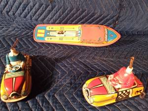 Vintage tin toy wind-up boat by Ohio Art Co. and Marx tin litho wind-up Dipsy doodle Dora & Dipsy Doodle Johnnie cars