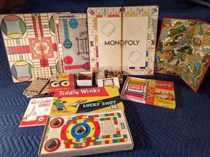 1960s Whitman Tiddley Winks game, 1954 Snatch game by Gopher Game Co. Forest Lake, MN, Bingo Cards, Uncle Wigleys Bungalow, Monopoly, Sor4y, and Parcheese game boards with wood pieces