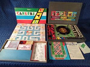 1955 Parker Brothers Careers Board game, 1965 Bar-Zim family Game Chest