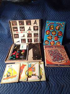 Vintage toys 1950s Ohiio Art Co. tin litho Ring Toss game, 1960s Colorforms, 1950s-60s Sewing cards for children (1 corner bad on card)