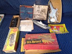Vintage loom, construction toy items, metal weaving loom set, Rolls Royce model and Sea Battle toy
