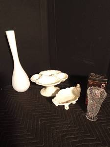 Imported lead crystal vase, 2 modern Japan footed trays, vase that could be Shawnee or Red Wing